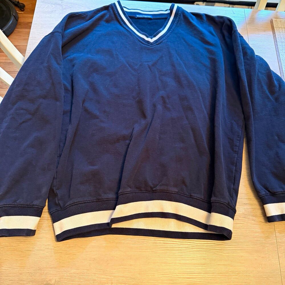 Brandy Melville Navy Blue V-Neck Pullover Sweatshirt Striped Trim One Size